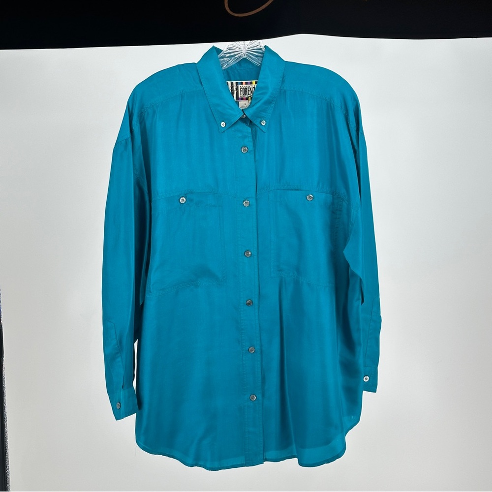 Women’s‎ 100% Silk 80’s Vintage Forenza Teal Button-Up Shirt Size Small